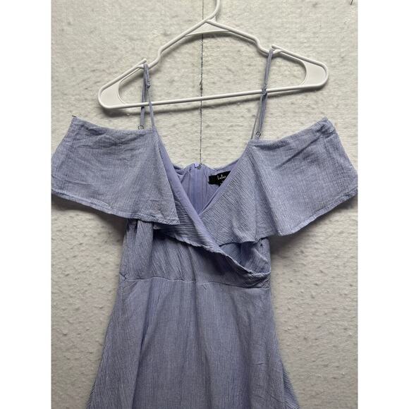 Y2K Blue Gingham Wrap Front Dress Off the Shoulders Size Med Pockets Fairy Lined - Picture 4 of 11